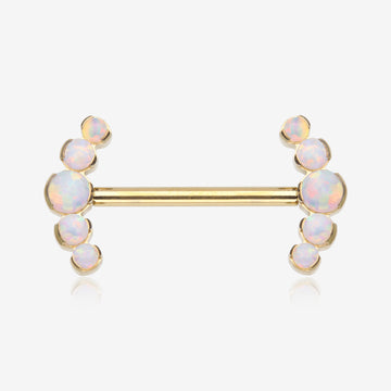 A Pair of Pure24K Implant Grade Titanium OneFit Threadless Fire Opal Ray Multi-Gem Nipple Barbell-White Opal